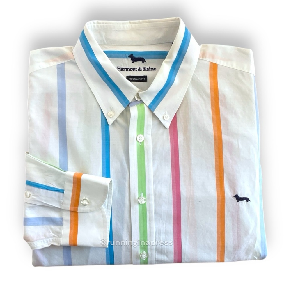Harmont & Blaine Multi Colored Stripe Collared Button Down Dachshund Embroidery